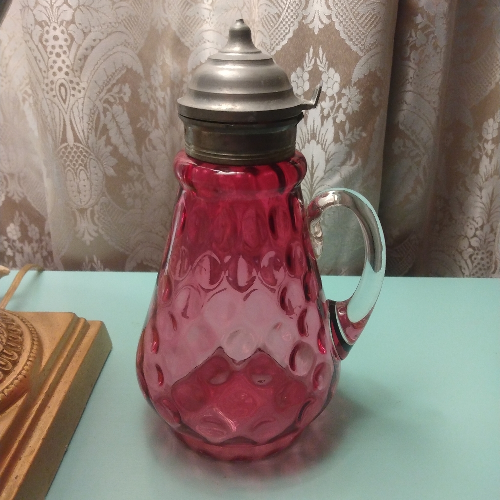 Antique Syrup Pitcher with Pewter hinged lid, thumb print blown cranberry glass